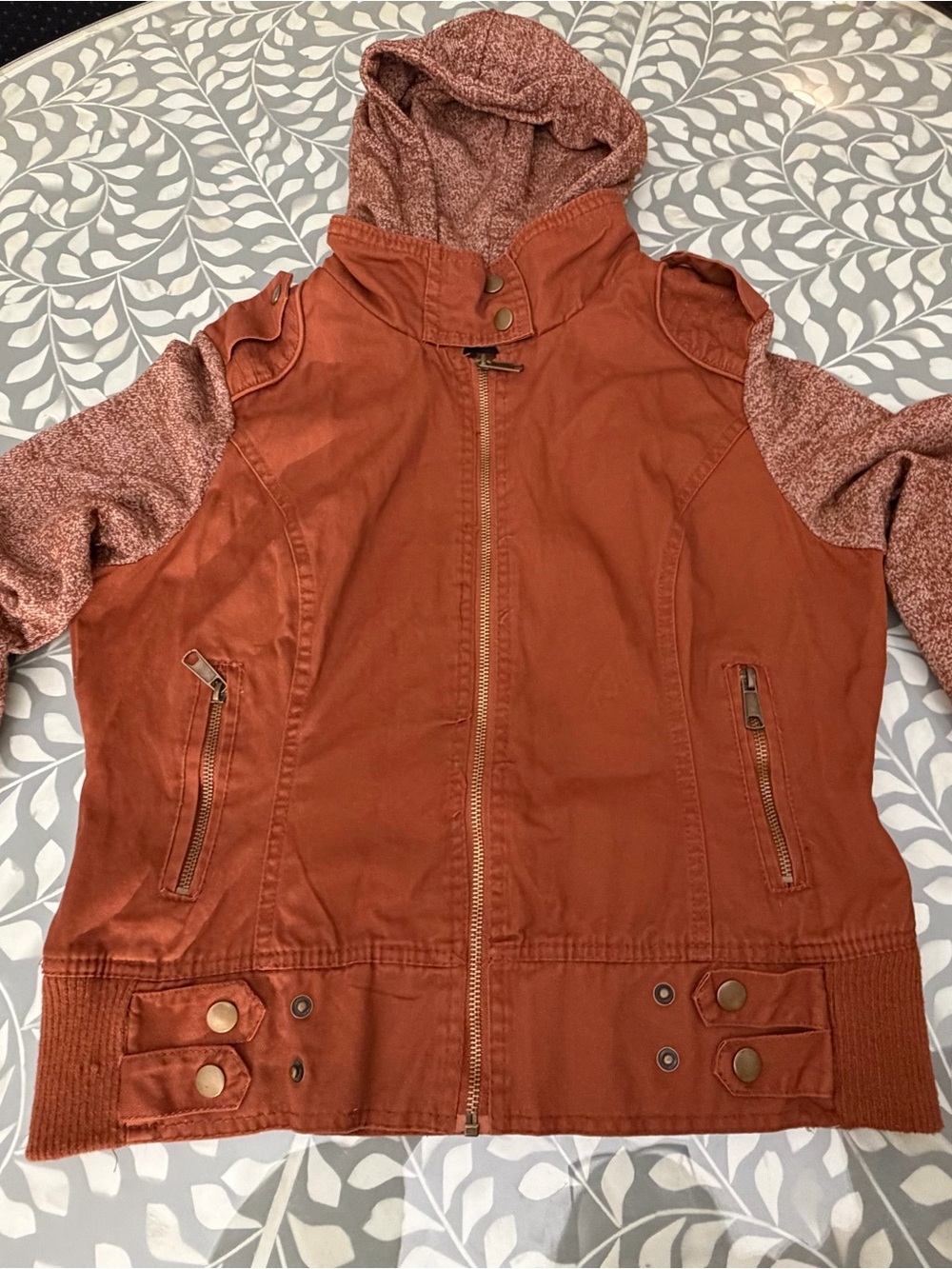 Women's Hooded Utility Jacket in Rust with Knit Sleeves